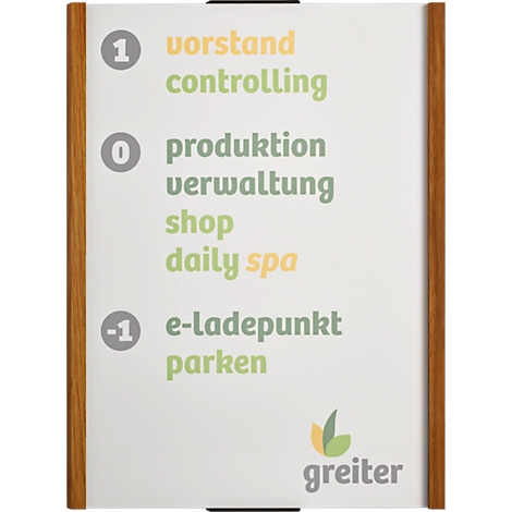 Panneau avec étages et étiquettes : Vorstand, Controlling, Produktion, Verwaltung, Shop, Daily Spa, E-Ladepunkt, Parken. Cadre en bois, logo.