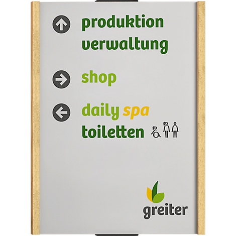 Panneau avec flèches et textes : Production, Administration, Shop, Daily Spa, Toilettes. Logo en bas à droite.