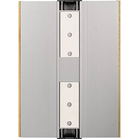 Gros plan d'un rail en aluminium gris avec deux plaques de montage blanches reliées par des supports noirs sur un fond clair.