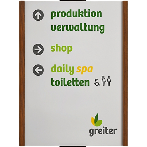 Panneau indicateur avec des flèches directionnelles : production, boutique, spa quotidien, toilettes. Le logo Greiter est en bas.