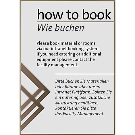 Infographie avec texte: "How to book" et "Wie buchen". Réservation de matériel ou de salles via intranet, restauration et équipement via la gestion des installations.
