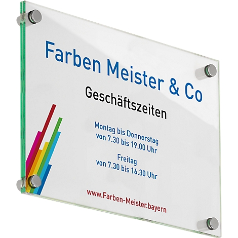 Panneau d'entreprise en verre avec texte bleu "Farben Meister & Co", horaires et site web.