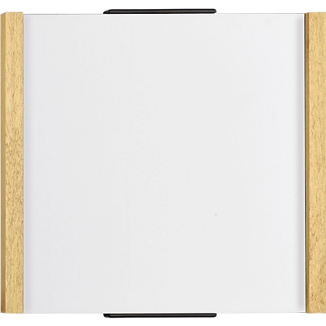 Tableau blanc avec cadre en bois et attaches noires.