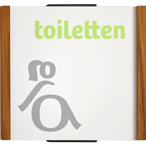 Panneau avec symbole de toilettes et de fauteuil roulant. Cadre en bois et le mot 'Toiletten' en vert.