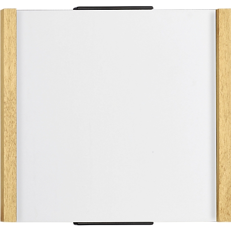 Un cadre blanc rectangulaire avec des lattes en bois et des supports noirs.