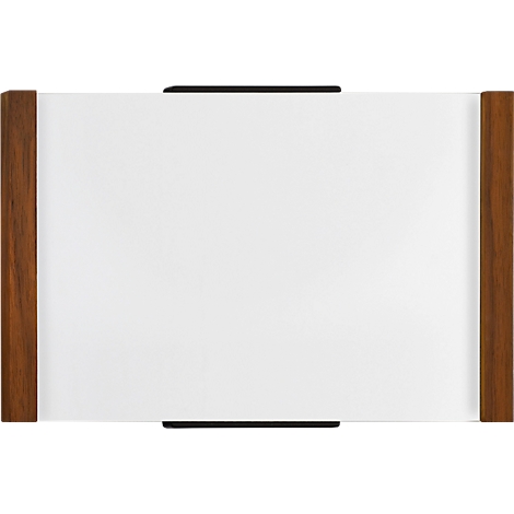 Un rectangle blanc encadré de bois brun et d'attaches noires.