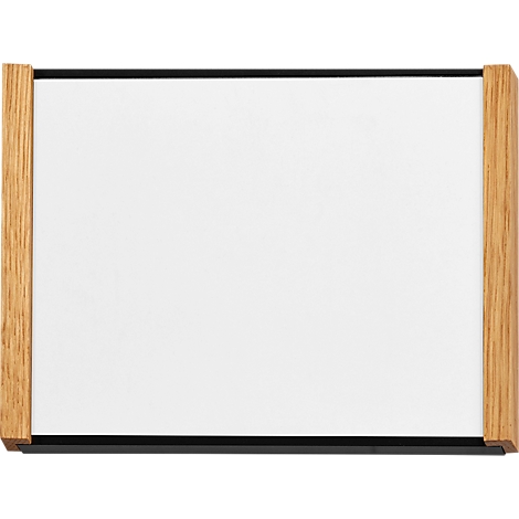 Tableau blanc avec cadre noir et lattes en bois.