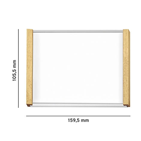 Cadre rectangulaire avec du bois sur les côtés et des barres métalliques en haut et en bas. Dimensions : 159,5 x 105,5 mm.