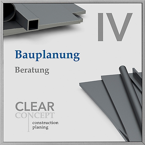 Image grise avec le texte 'Bauplanung Beratung', des lignes grises et 'IV'. En bas à gauche 'CLEAR CONCEPT construction planing'.
