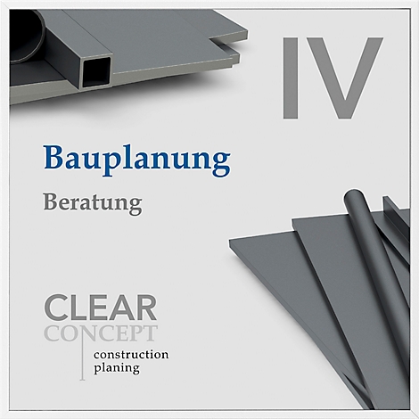 Composants de construction gris sur fond clair, avec la lettrage 'IV' au-dessus. En bas, le texte se lit comme 'Bauplanung Beratung'. Logo de 'CLEAR CONCEPT'.