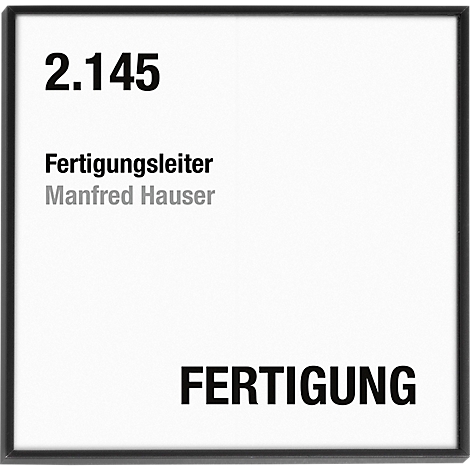 Cadre gris avec fond blanc. En haut à gauche : « 2.145 », en dessous « Fertigungsleiter Manfred Hauser ». En bas : « FERTIGUNG ».