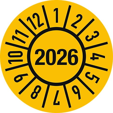 Gelbe runde Plakette mit schwarzer Umrandung und Zahlen: 2026 im Zentrum, Monate aussen.