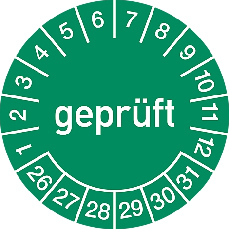 Ein grüner, runder Aufkleber mit dem Wort 'geprüft' und Zahlen von 1 bis 31 am Rand. 