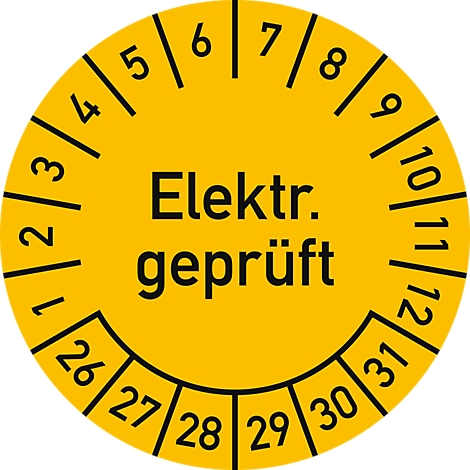 Gelber Aufkleber mit schwarzem Text "Elektr. geprüft". Zahlen markieren Monate von 1 bis 12 und Tage von 26 bis 31.
