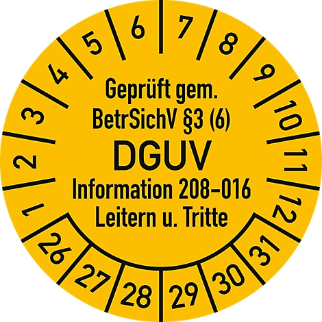 Gelber Aufkleber mit schwarzer Schrift. Beschriftung: DGUV, geprüft gem. BetrSichV, Information 208-016. Umrandet von Zahlen von 1 bis 31.