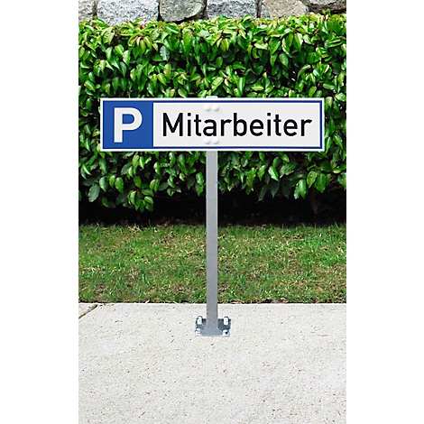 Parking sign with "P Employee" in front of a hedge.