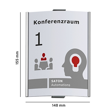 Raumbeschilderung „Konferenzraum 1“. Graues Schild mit schwarzer Schrift und roter Graphik.