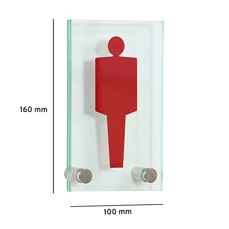 Rotes Männersymbol auf einer rechteckigen Glasplatte, 160 x 100 mm, mit Metallhalterungen.
