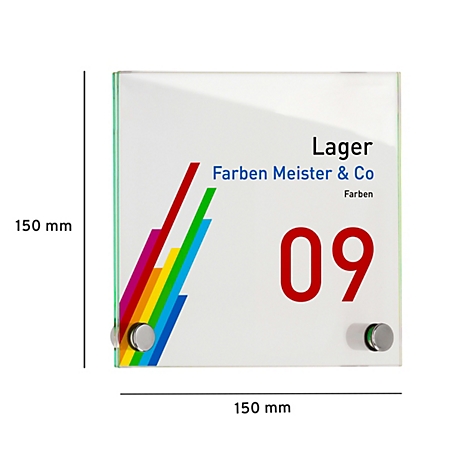 Quadratische Türschild mit 'Lager Farben Meister & Co 09' in Rot, Blau, Gelb und Grün mit Maßen.