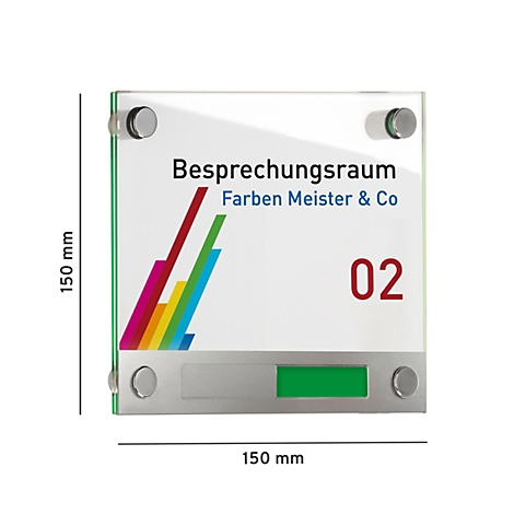 Quadratisches Schild mit der Aufschrift "Besprechungsraum Farben Meister & Co 02". Montiert mit Schrauben.