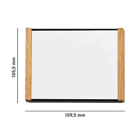 Rechteckiger Bilderrahmen mit Holzleisten und weisser Fläche. Aufschrift: 105,5 mm und 159,5 mm.