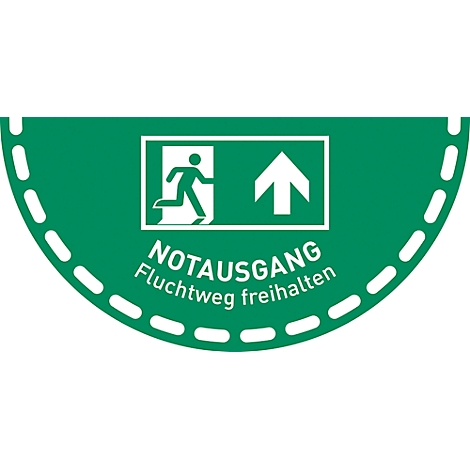 Groen nooduitgangsbord met wit pictogram: persoon rent door deur, pijl omhoog. Tekst: NOODUITGANG, houd vluchtweg vrij.