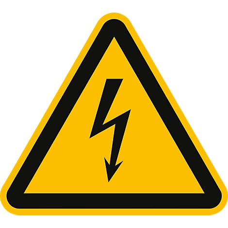 Gele waarschuwingdriehoek met zwarte bliksemschicht, die gevaar door elektriciteit aangeeft.