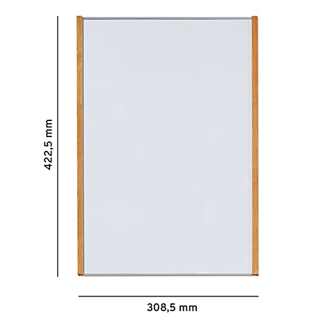 Rechthoekig, wit frame met een houten frame en afmetingen: 422,5 mm x 308,5 mm.