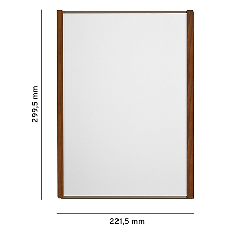 Rechthoekige spiegel met een houten frame. Afmetingen: 299,5 mm x 221,5 mm.