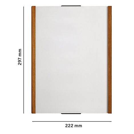 Rechthoekige spiegel met een houten frame. Afmetingen: 297 x 222 mm. Zwarte beugels aan de boven- en onderkant.