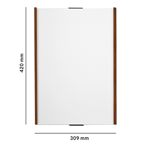 Rechteckiger Spiegel mit Holzrahmen. Maße: 420mm x 309mm. Schwarze Details oben und unten.