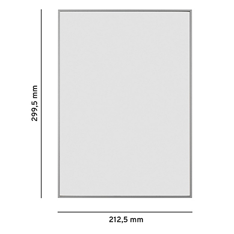 Rechteckiger Bilderrahmen mit weisser Fläche, Masse 299,5 mm x 212,5 mm, grauer Rahmen, Masse in mm angegeben.