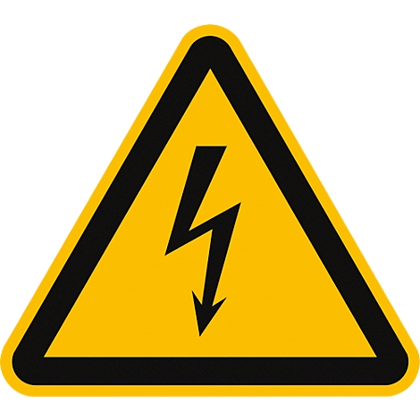 Gelbes Warndreieck mit schwarzem Blitz, das vor elektrischer Spannung warnt.