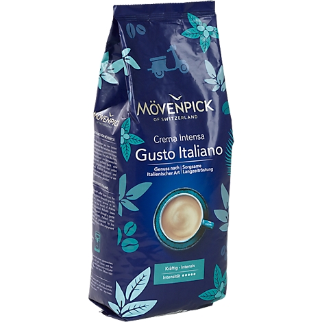 Paquet de café bleu avec "Mövenpick Crema Intensa Gusto Italiano" et un dessin de tasse à café.