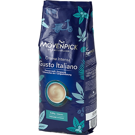 Paquet de café bleu foncé avec illustration de café et texte. Inscription : Mövenpick, Crema Intensa, Gusto Italiano.