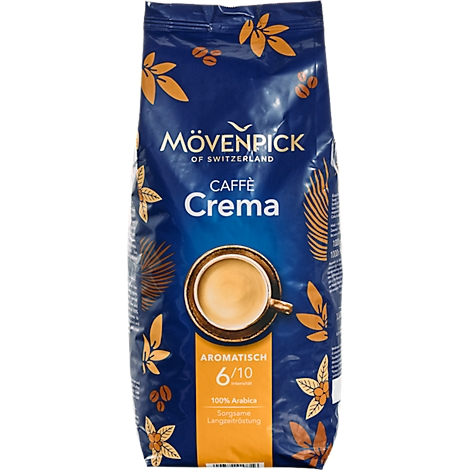 Blauwe koffiezak met de tekst "Mövenpick Caffe Crema" en een koffiekopje.