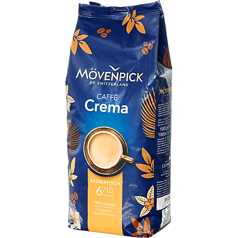 Een verpakking Mövenpick Caffe Crema koffie. Blauwe verpakking met koffiemotieven en een kopje koffie.
