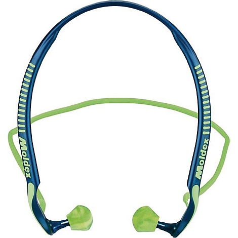 Bouchons d'oreille bleus et verts avec l'inscription "Moldex".