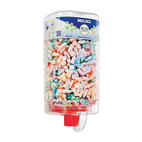 Distributeur transparent avec bouchons d'oreille colorés. Inscription : Moldex, Plugs Station. Bouton de distribution rouge.