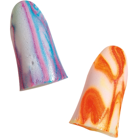 Two earplugs, one in blue, pink, and white, the other in orange and yellow, both in the shape of cones.