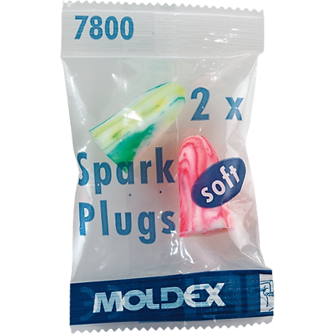 Two earplugs in a plastic bag. Green-yellow and red-white marbled. Inscription: Spark Plugs, soft.