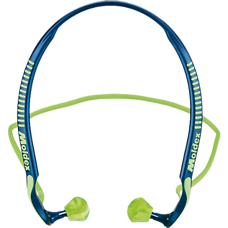 Blue and green ear protection. Headband with earplugs, brand: Moldex.