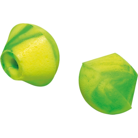 Two yellow-green earplugs with a wavy shape and a hole. One is intact, the other cut.