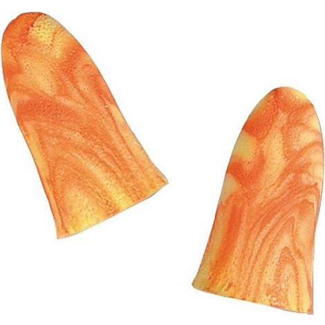 Twee oranje schuimrubberen oordopjes met een wervelpatroon.