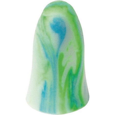 Een enkele, zachte oordop met een wervelpatroon in groen en blauw.