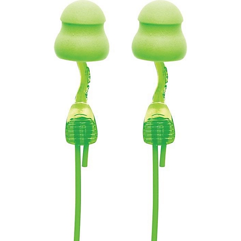 Twee groene oordopjes met paddenstoelvormige uiteinden op een witte achtergrond.