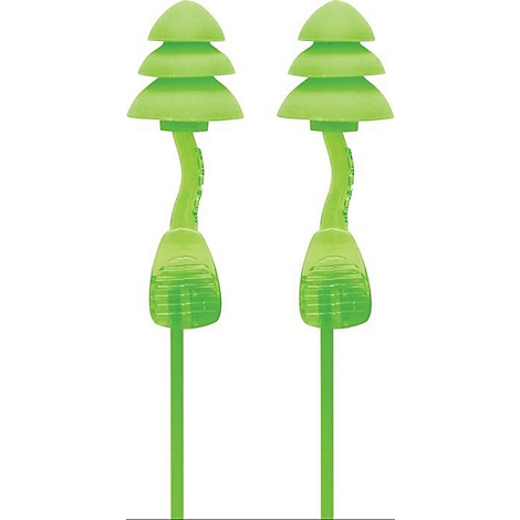Twee groene oordopjes in de vorm van een kerstboom.