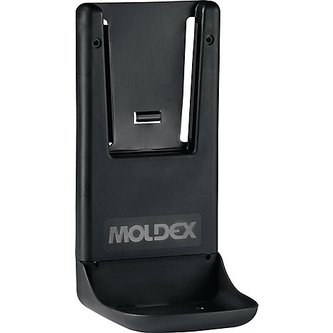Support mural noir avec logo "MOLDEX". Un support en haut, une étagère en bas.