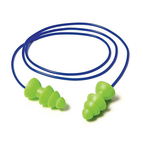 Bouchons d'oreille verts avec un cordon bleu sur fond blanc.