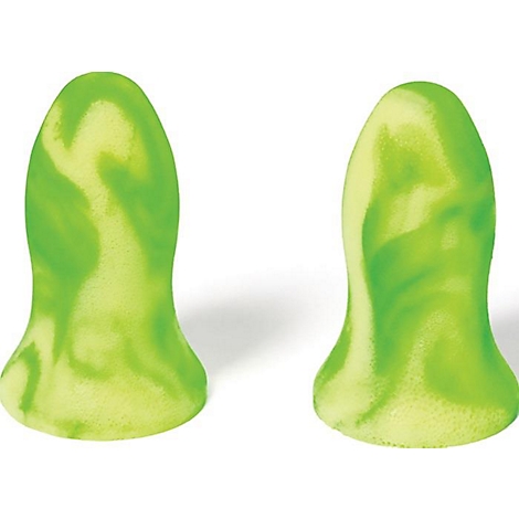 Deux bouchons d'oreille verts et marbrés sur fond blanc.